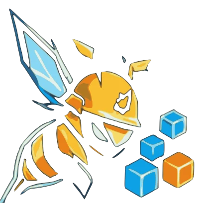 A bee beside three coloured blocks